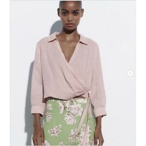 Zara Cfopped Pink Wrap 100% Linen Blouse with Tie 3/4 Sleeve NWT